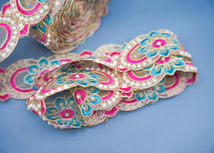 Pink and Turquoise Sheer Saree Border Trim with Pearls and Crystals, 2.5 Inch | Embroidered Lace by Foot, Wedding Dress Trim, DIY Sewing