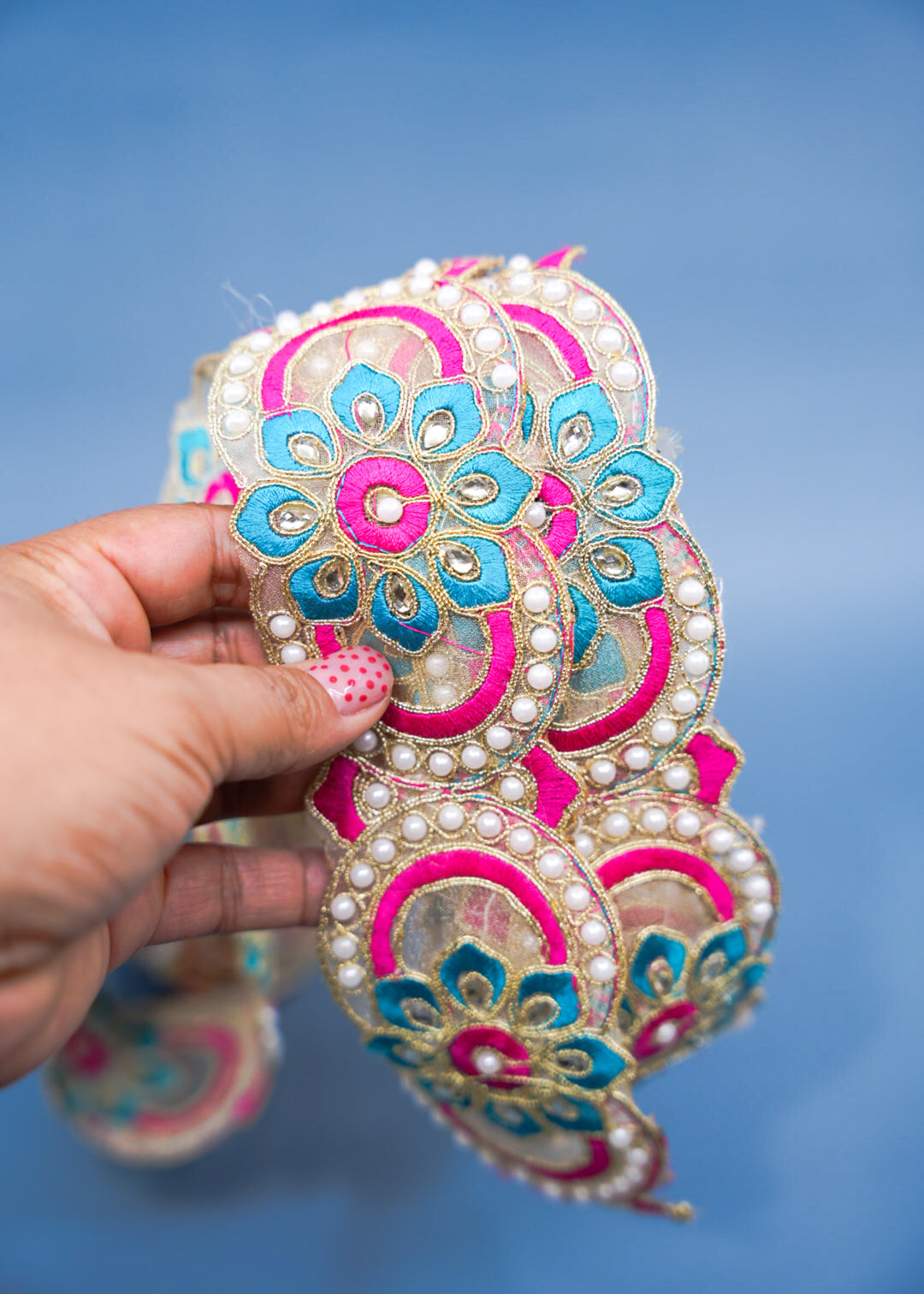 Pink and Turquoise Sheer Saree Border Trim with Pearls and Crystals, 2.5 Inch | Embroidered Lace by Foot, Wedding Dress Trim, DIY Sewing