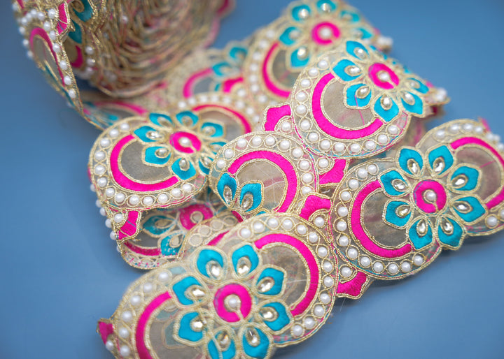 Pink and Turquoise Sheer Saree Border Trim with Pearls and Crystals, 2.5 Inch | Embroidered Lace by Foot, Wedding Dress Trim, DIY Sewing