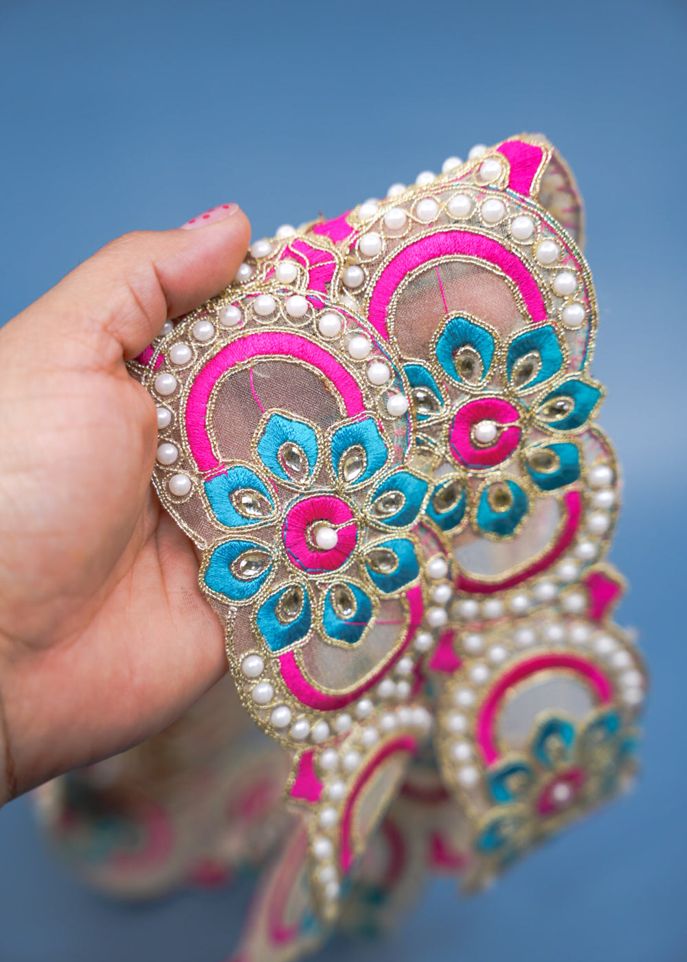 Pink and Turquoise Sheer Saree Border Trim with Pearls and Crystals, 2.5 Inch | Embroidered Lace by Foot, Wedding Dress Trim, DIY Sewing