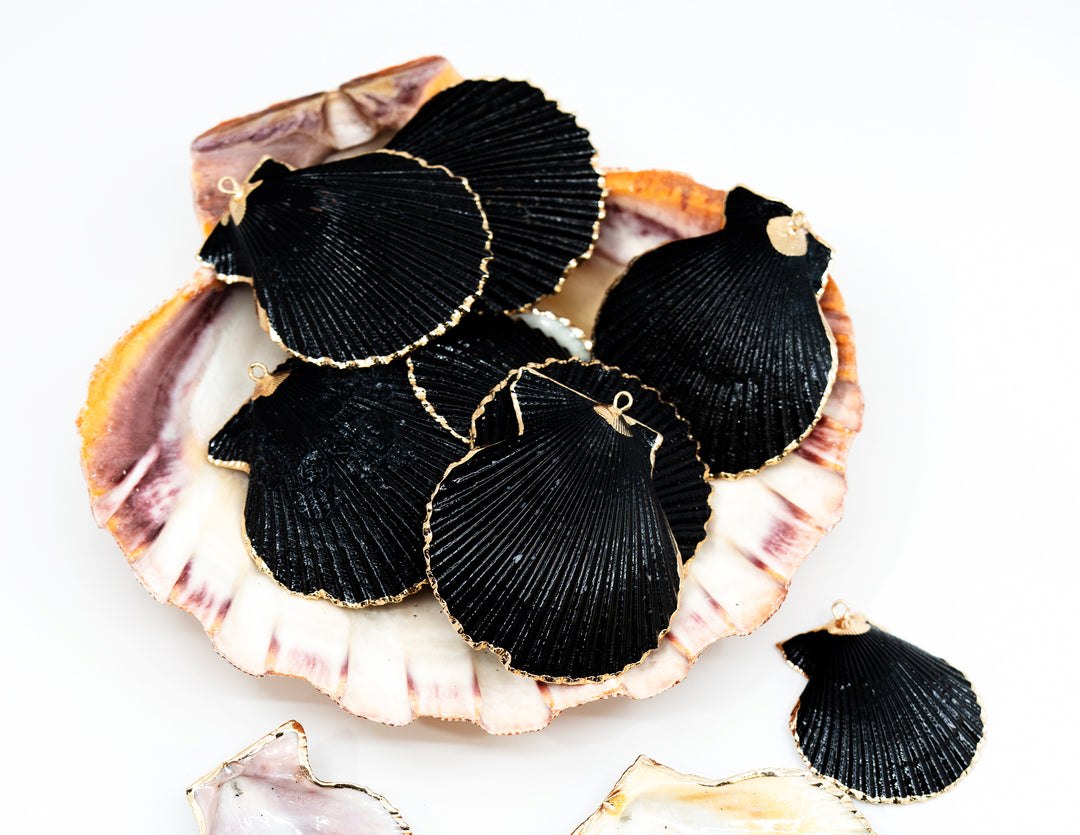 Black Spray Paint Seashell Pendants with Gold Plated Edges, sold by each, Seashell Pendants, Shell Charms, Shell Earrings, Shell Jewelry, Electroplated Shells