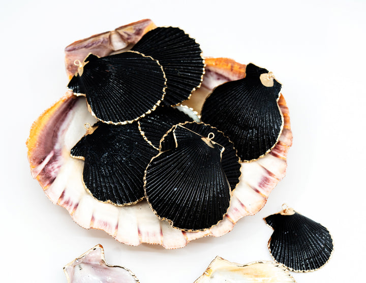 Black Spray Paint Seashell Pendants with Gold Plated Edges, sold by each, Seashell Pendants, Shell Charms, Shell Earrings, Shell Jewelry, Electroplated Shells