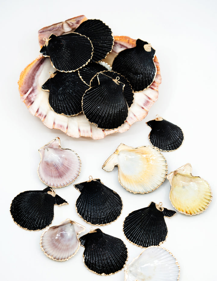 Black Spray Paint Seashell Pendants with Gold Plated Edges, sold by each, Seashell Pendants, Shell Charms, Shell Earrings, Shell Jewelry, Electroplated Shells