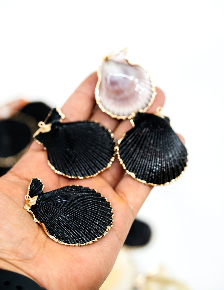 Black Spray Paint Seashell Pendants with Gold Plated Edges, sold by each, Seashell Pendants, Shell Charms, Shell Earrings, Shell Jewelry, Electroplated Shells