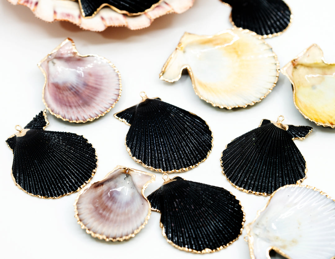 Black Spray Paint Seashell Pendants with Gold Plated Edges, sold by each, Seashell Pendants, Shell Charms, Shell Earrings, Shell Jewelry, Electroplated Shells