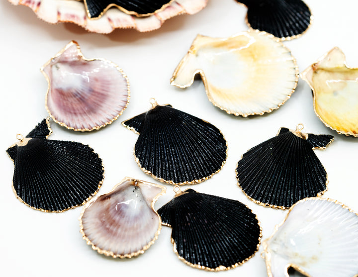 Black Spray Paint Seashell Pendants with Gold Plated Edges, sold by each, Seashell Pendants, Shell Charms, Shell Earrings, Shell Jewelry, Electroplated Shells