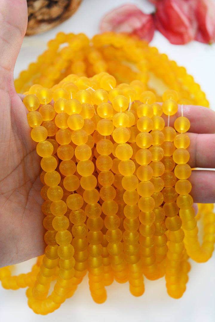 Sunflower Yellow Frosted Glass Beads, 8mm Round Beads, 31 Inch Strand