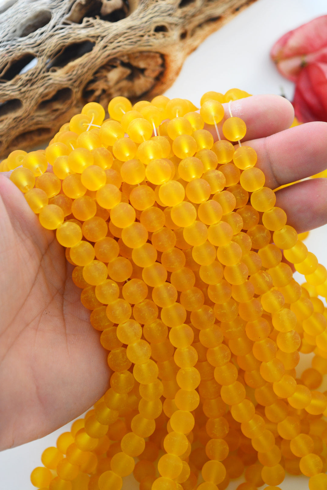 Sunflower Yellow Frosted Glass Beads, 8mm Round Beads, 31 Inch Strand frosted glass
