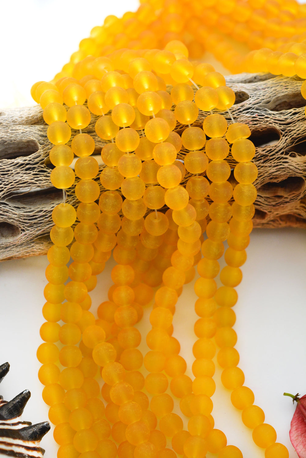 Sunflower Yellow Frosted Glass Beads, 8mm Round Beads, 31 Inch Strand