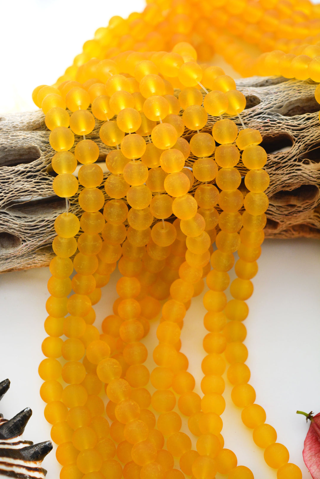Sunflower Yellow Frosted Glass Beads, 8mm Round Beads, 31 Inch Strand