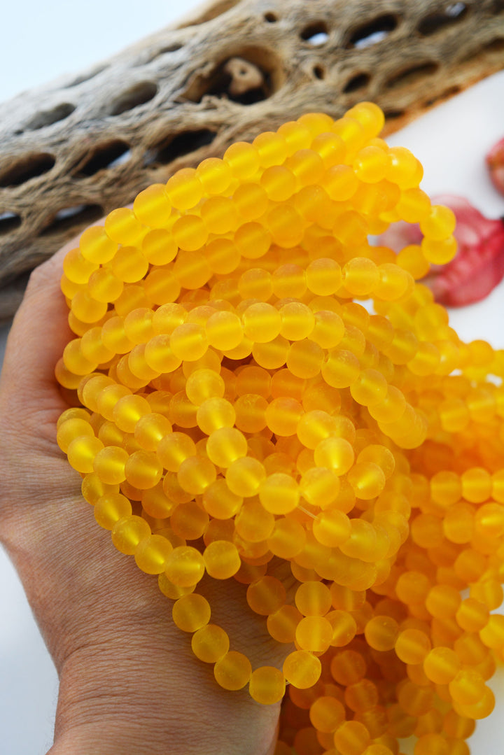Sunflower Yellow Frosted Glass Beads, 8mm Round Beads, 31 Inch Strand