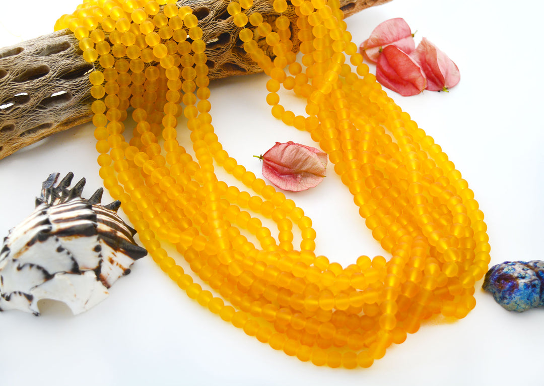 Sunflower Yellow Frosted Glass Beads, 8mm Round Beads, 31 Inch Strand
