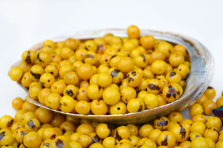 A close-up of yellow acai beads, natural beads for jewelry making.