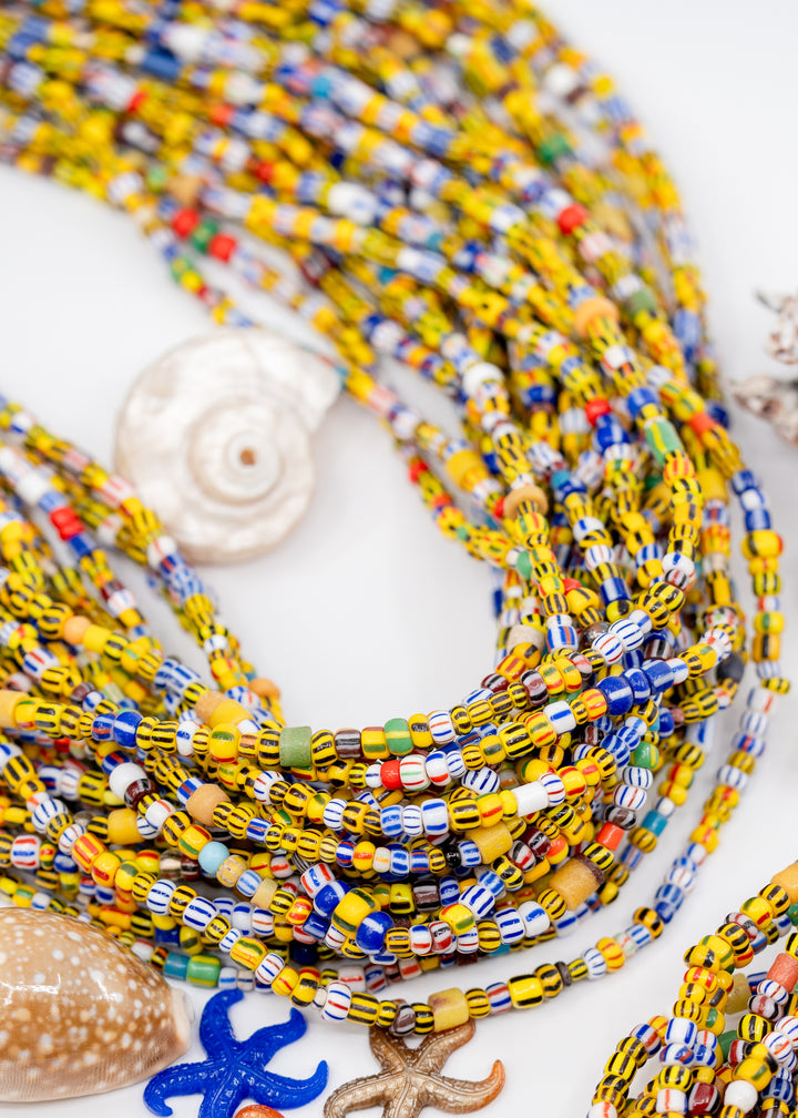 Multicolor Stripped Sunshine Confetti Ghana Glass Beads – Mixed Striped African Beads, 28 Inch Strand