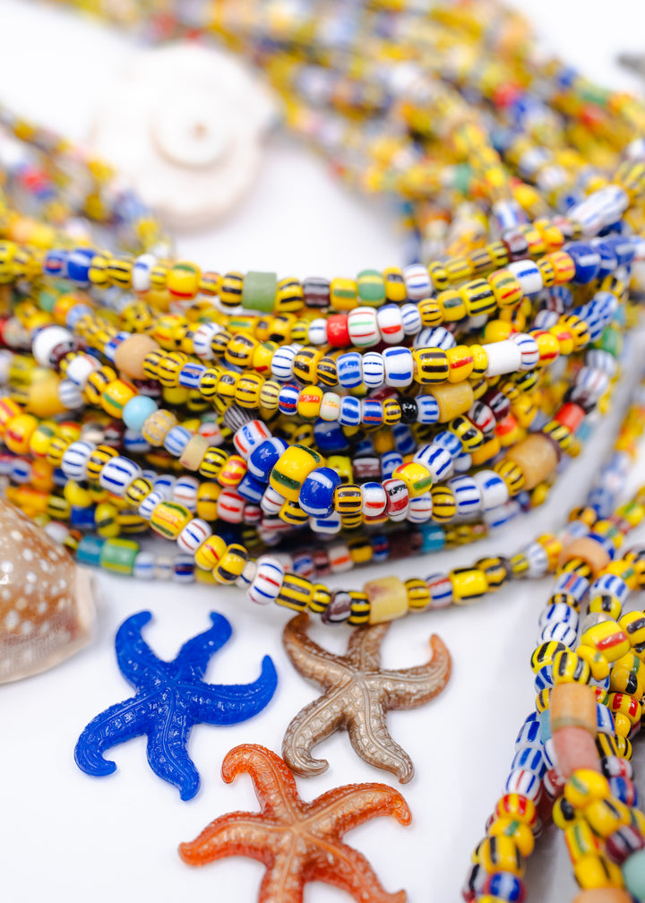 Closeup of the Sunshine Confetti Ghana Glass Beads – Mixed Striped African Beads, 28 Inch Strand