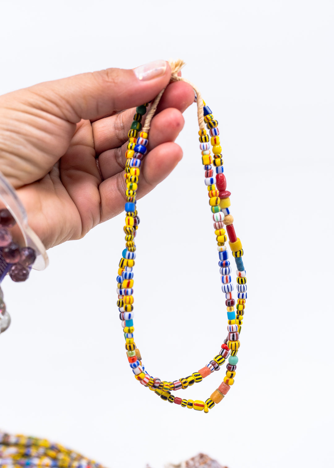 Single strand of Sunshine Confetti Ghana Glass Beads – Mixed Striped African Beads, 28 Inch Strand