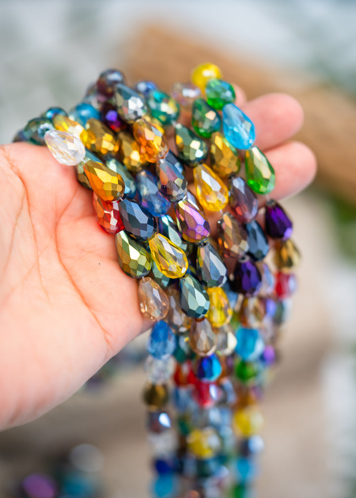 Crystal Magic: Multicolor Electroplated Teardrop Glass Beads, 10x15mm, 16" strand (28 pieces) / Briolette Crystal Beads, Glass Beads, Faceted Beads, Jewelry Making Supplies