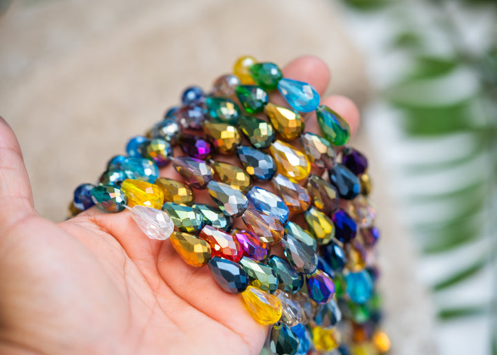 Crystal Magic: Multicolor Electroplated Teardrop Glass Beads, 10x15mm, 16" strand (28 pieces) / Briolette Crystal Beads, Glass Beads, Faceted Beads, Jewelry Making Supplies