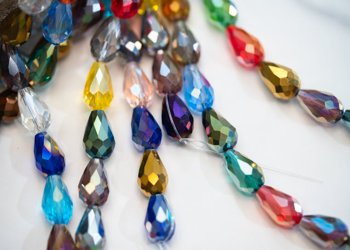 Crystal Magic: Multicolor Electroplated Teardrop Glass Beads, 10x15mm, 16" strand (28 pieces) / Briolette Crystal Beads, Glass Beads, Faceted Beads, Jewelry Making Supplies