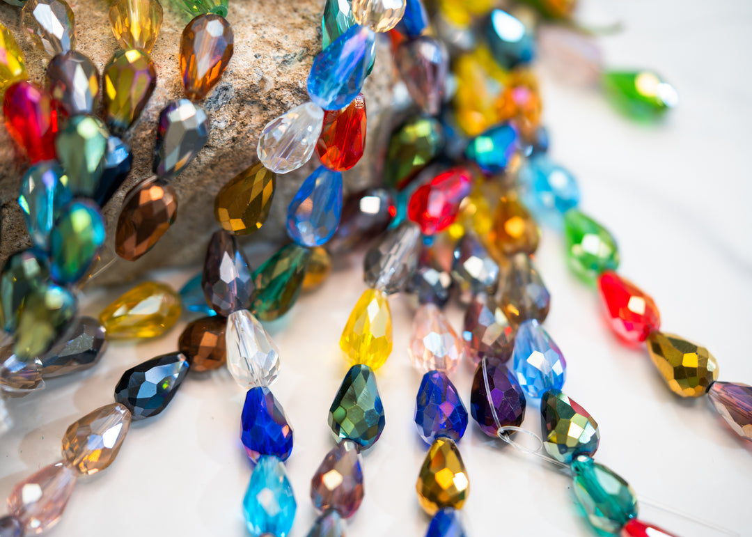Crystal Magic: Multicolor Electroplated Teardrop Glass Beads, 10x15mm, 16" strand (28 pieces) / Briolette Crystal Beads, Glass Beads, Faceted Beads, Jewelry Making Supplies