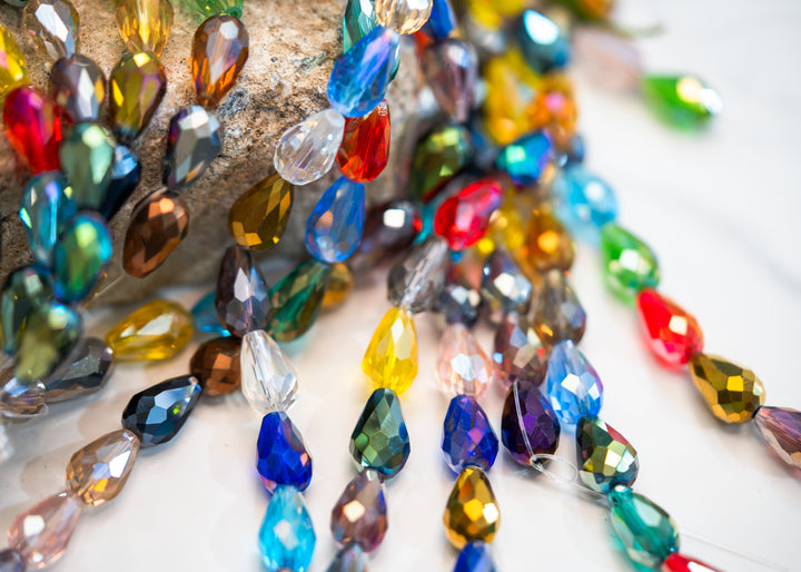 Crystal Magic: Multicolor Electroplated Teardrop Glass Beads, 10x15mm, 16" strand (28 pieces) / Briolette Crystal Beads, Glass Beads, Faceted Beads, Jewelry Making Supplies