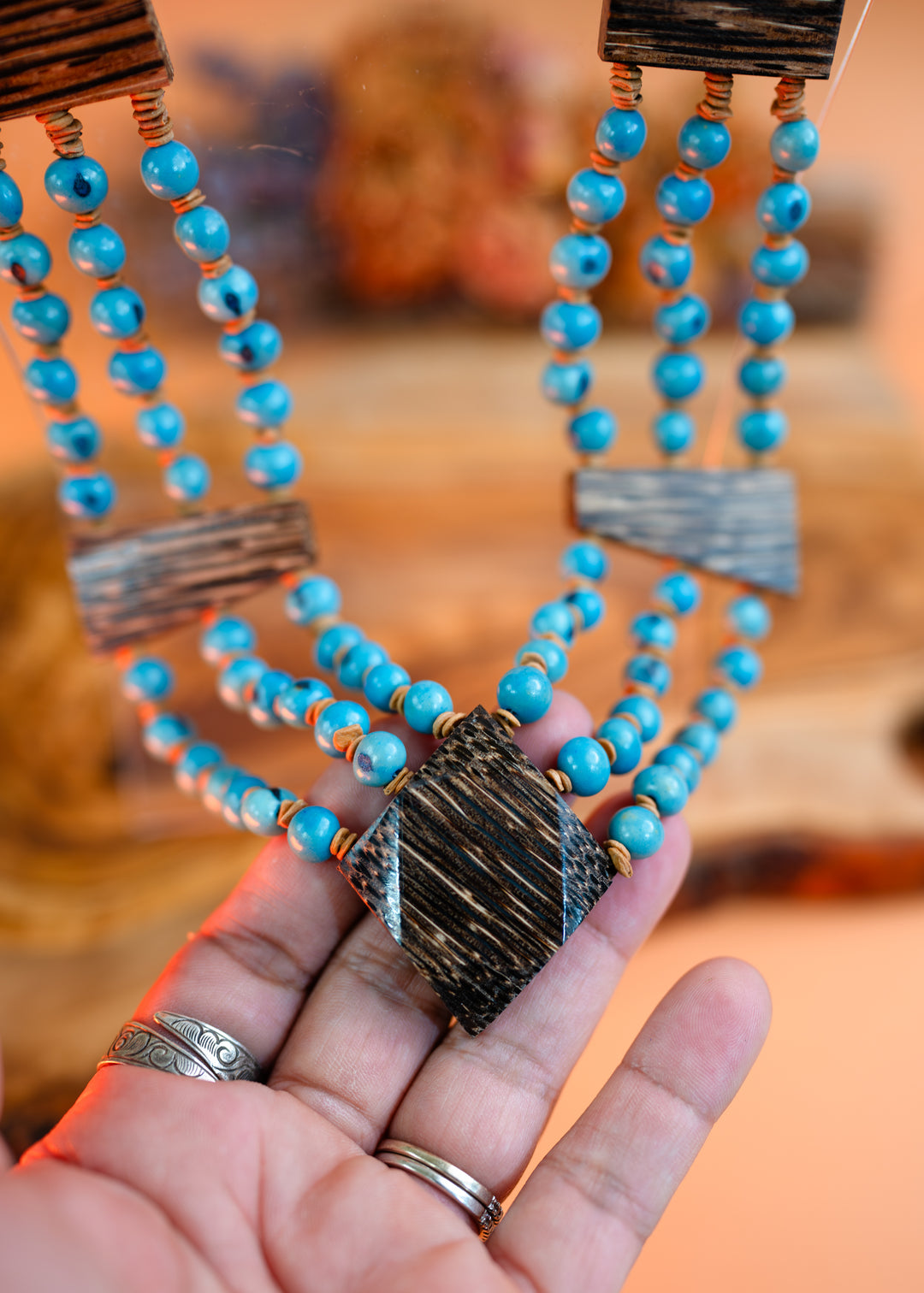 Daisy: Turquoise Blue Acai Beads Necklace and Acai Palm Wood, Natural Seeds, Eco-Friendly Sustainable Jewelry, Gifts for Mom, Gifts for Her
