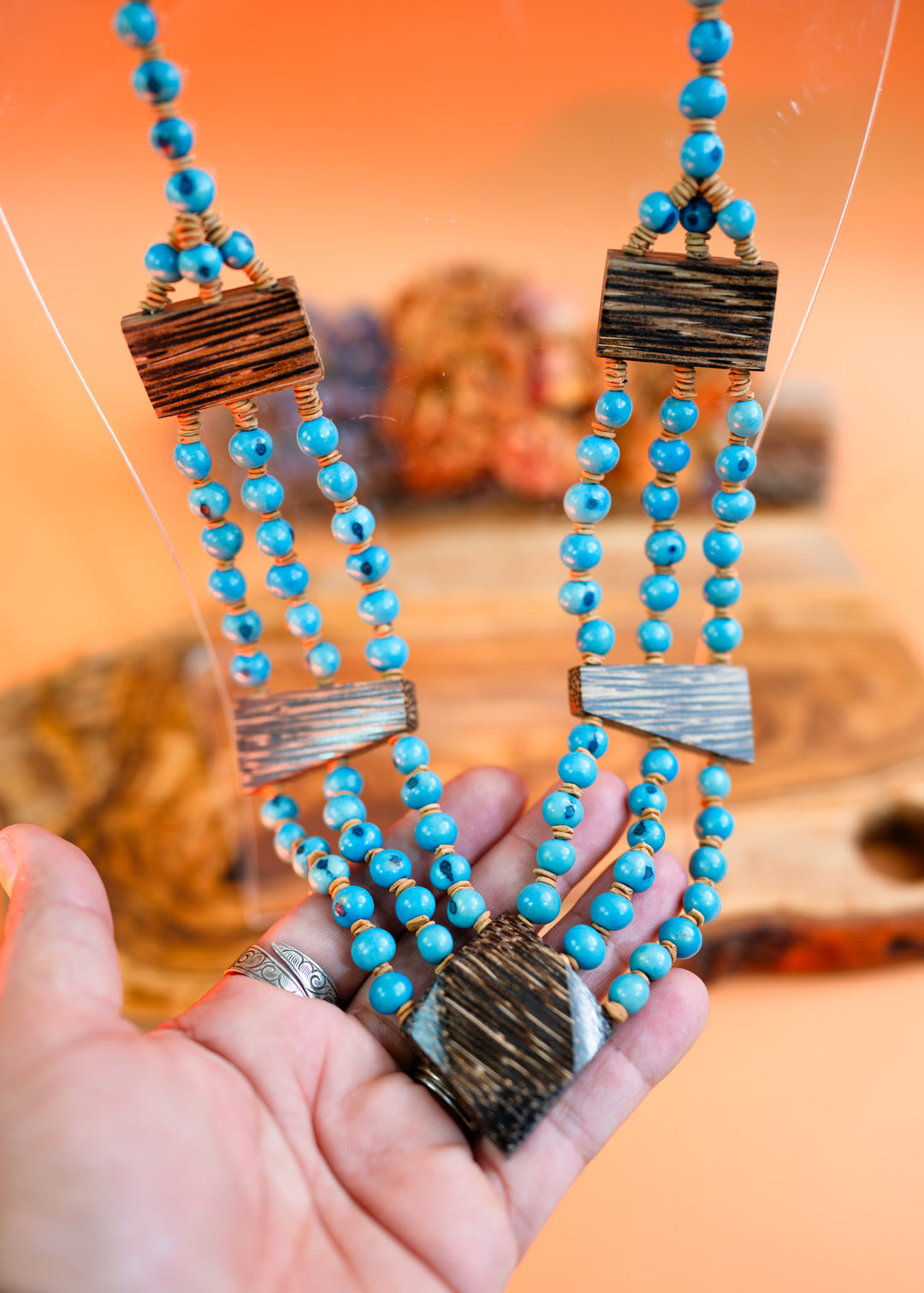 Daisy: Turquoise Blue Acai Beads Necklace and Acai Palm Wood, Natural Seeds, Eco-Friendly Sustainable Jewelry, Gifts for Mom, Gifts for Her
