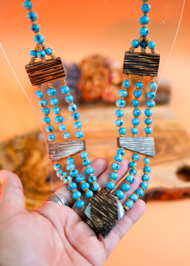 Daisy: Turquoise Blue Acai Beads Necklace and Acai Palm Wood, Natural Seeds, Eco-Friendly Sustainable Jewelry, Gifts for Mom, Gifts for Her