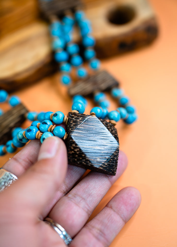 Daisy: Turquoise Blue Acai Beads Necklace and Acai Palm Wood, Natural Seeds, Eco-Friendly Sustainable Jewelry, Gifts for Mom, Gifts for Her