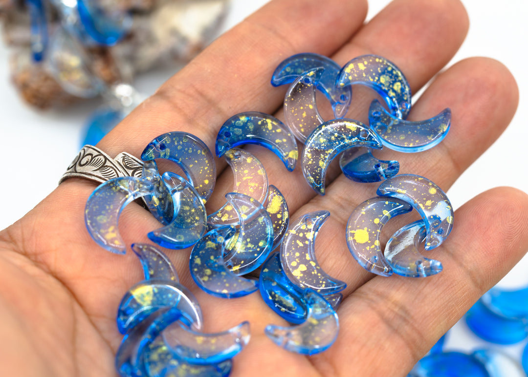 Blue Moon Charms: Two Tone Blue Transparent Half Moon Charms with Gold Dust, 16x10mm, 10 pcs, Top Drilled Moon Charms for Bracelets, Charm Necklaces, Jewelry Making Supplies