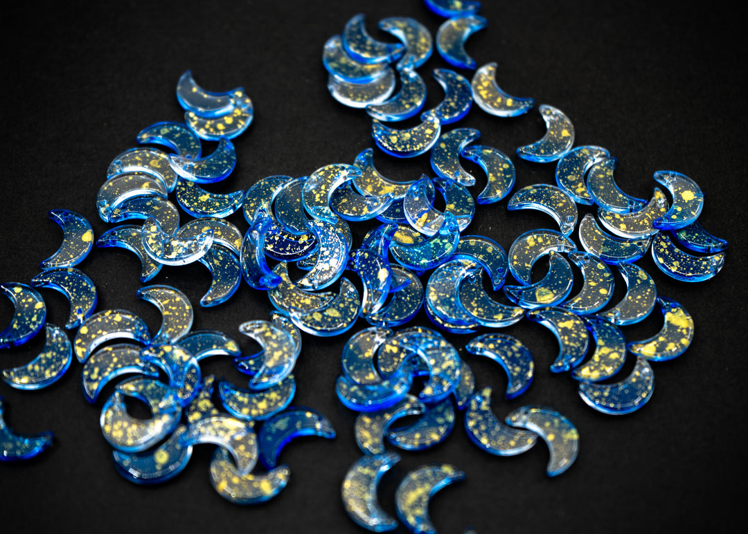 Blue Moon Charms: Two Tone Blue Transparent Half Moon Charms with Gold Dust, 16x10mm, 10 pcs, Top Drilled Moon Charms for Bracelets, Charm Necklaces, Jewelry Making Supplies