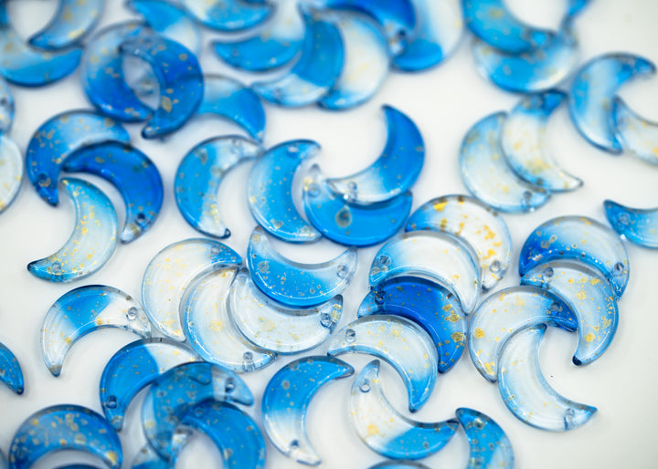 Blue Moon Charms: Two Tone Blue Transparent Half Moon Charms with Gold Dust, 16x10mm, 10 pcs, Top Drilled Moon Charms for Bracelets, Charm Necklaces, Jewelry Making Supplies