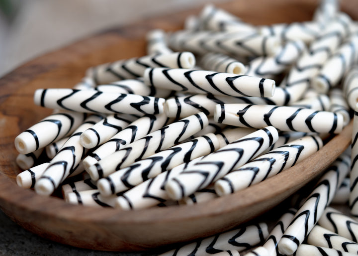 White and Black: Chevron Long Tube Bone Beads, 6x36mm, 5 Large Hole Bone Tubes / Beads for Malas, Beads for Macrame, Hairpipe Beads, DIY Jewelry