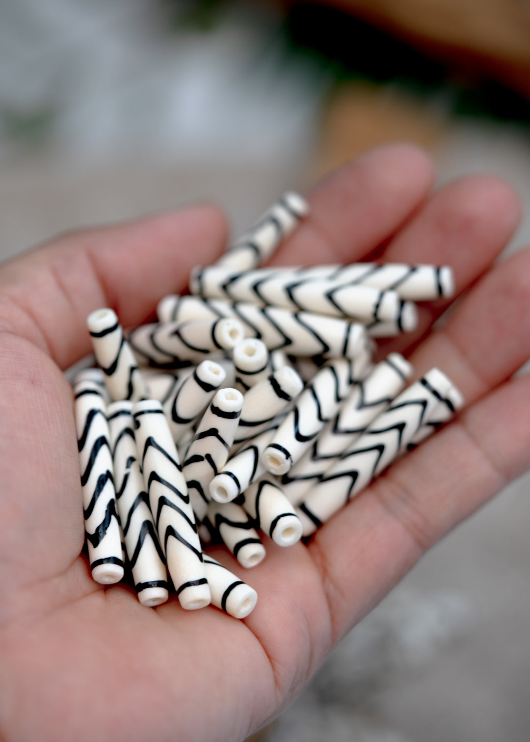 White and Black: Chevron Long Tube Bone Beads, 6x36mm, 5 Large Hole Bone Tubes / Beads for Malas, Beads for Macrame, Hairpipe Beads, DIY Jewelry