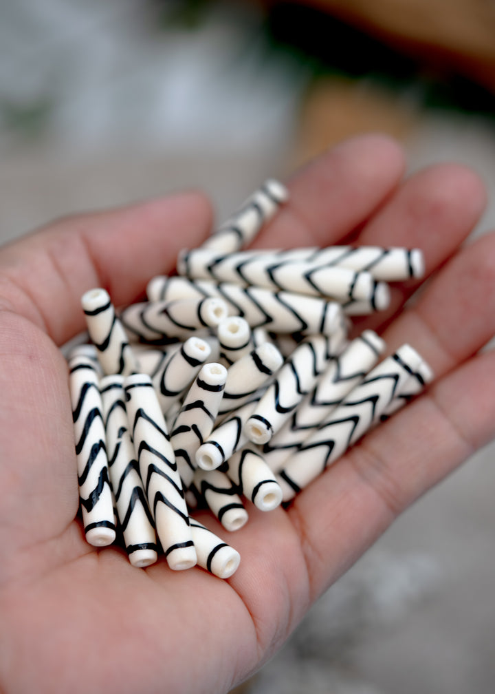 White and Black: Chevron Long Tube Bone Beads, 6x36mm, 5 Large Hole Bone Tubes / Beads for Malas, Beads for Macrame, Hairpipe Beads, DIY Jewelry
