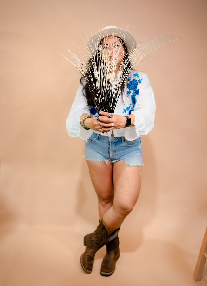 A person holding a bundle of long, thin, black, dark brown, and white striped porcupine quills.