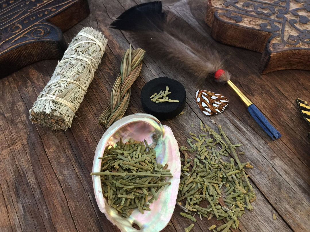 Smudge Kit: Cleaning, Meditation, Positive Energy (Sage, Sweetgrass, Flat Cedar, Abalone Shell, Quick-lite Charcoal, Mini Fan)