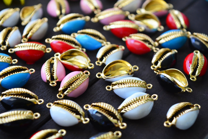 Enamel Cowrie Shell, Shell Links, Gold Plated Cowry Shells, Friendship Bracelets, Pukka Shells, Shell Charms, Beach Jewelry, Cowrie Charms
