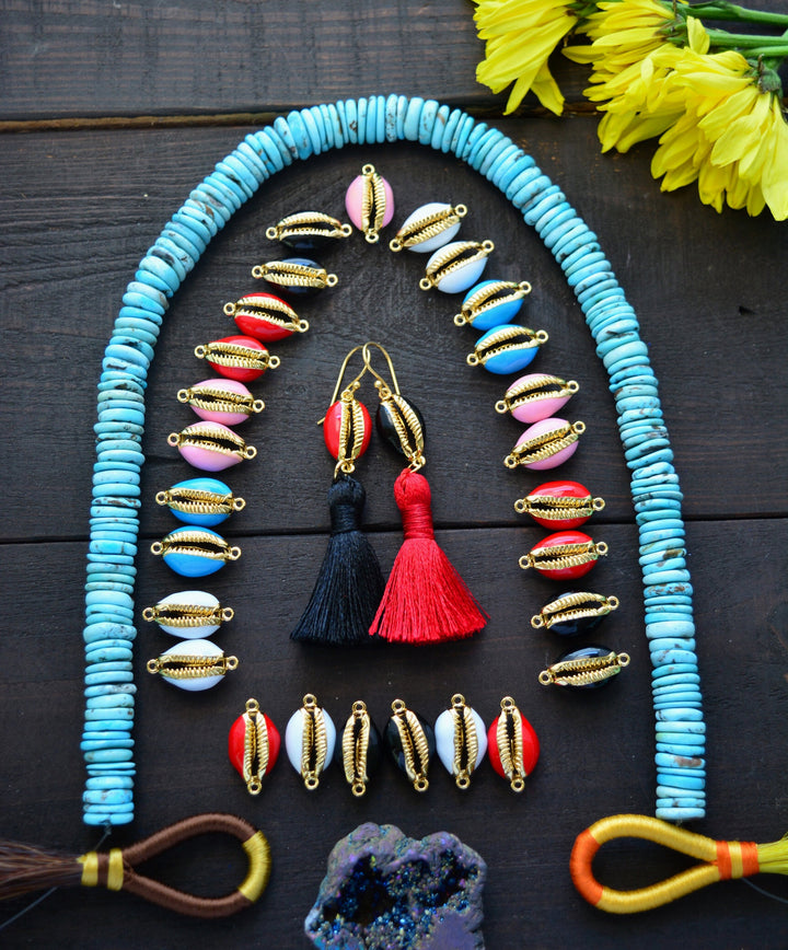 Enamel Cowrie Shell, Shell Links, Gold Plated Cowry Shells, Friendship Bracelets, Pukka Shells, Shell Charms, Beach Jewelry, Cowrie Charms