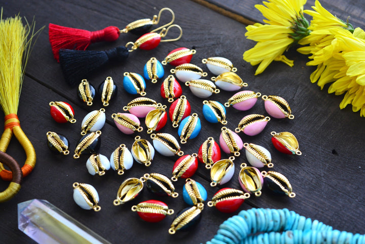 Enamel Cowrie Shell, Shell Links, Gold Plated Cowry Shells, Friendship Bracelets, Pukka Shells, Shell Charms, Beach Jewelry, Cowrie Charms