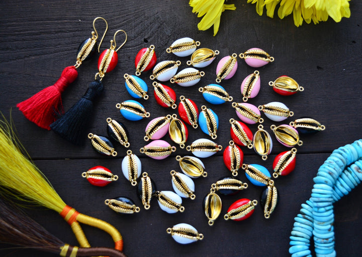 Enamel Cowrie Shell, Shell Links, Gold Plated Cowry Shells, Friendship Bracelets, Pukka Shells, Shell Charms, Beach Jewelry, Cowrie Charms