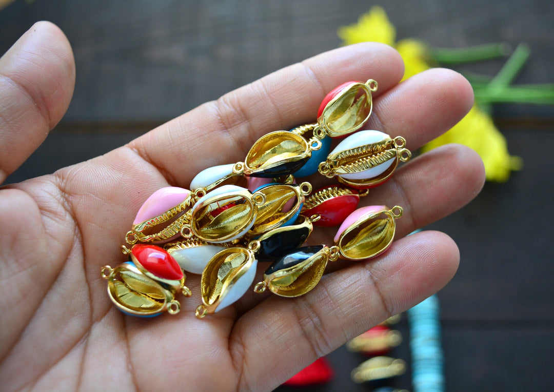 Enamel Cowrie Shell, Shell Links, Gold Plated Cowry Shells, Friendship Bracelets, Pukka Shells, Shell Charms, Beach Jewelry, Cowrie Charms