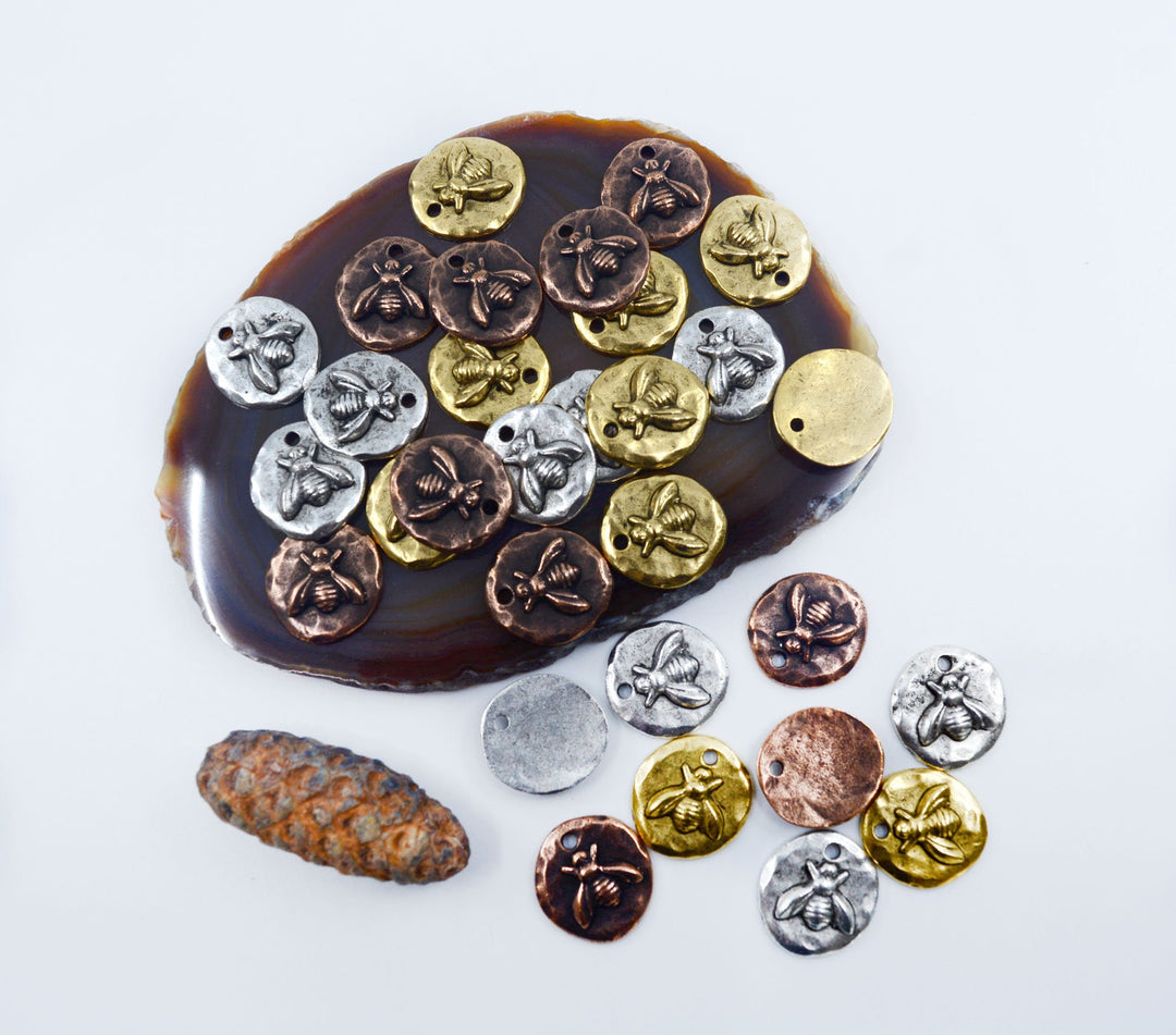 Organic Small Round Bee Charms, 17x19mm, Nature-Inspired Pendants, Bee Medallions (1 pc), Jewelry Making Supplies, HoneyBee Charms