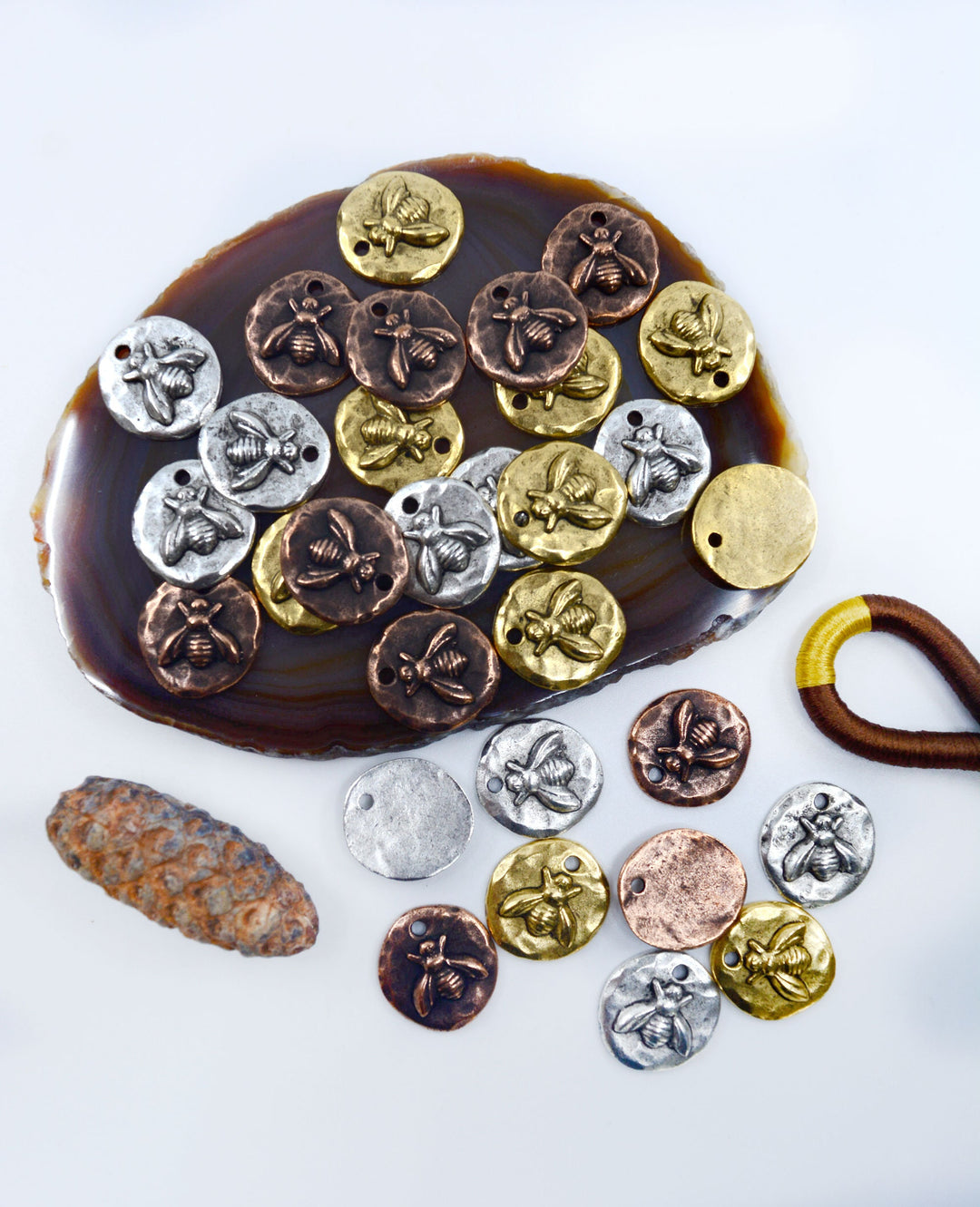 Organic Small Round Bee Charms, 17x19mm, Nature-Inspired Pendants, Bee Medallions (1 pc), Jewelry Making Supplies, HoneyBee Charms
