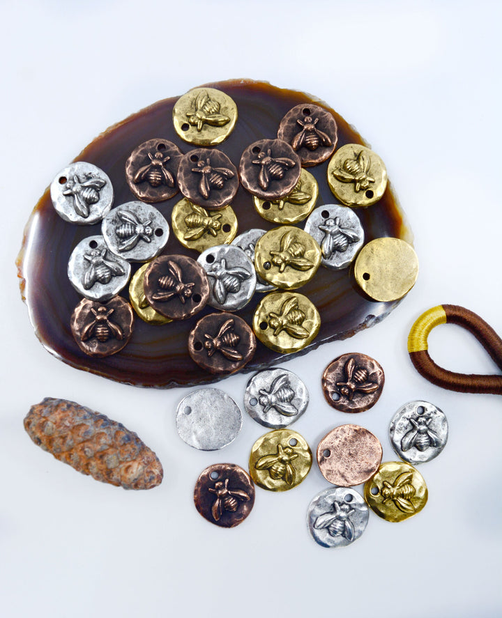Organic Small Round Bee Charms, 17x19mm, Nature-Inspired Pendants, Bee Medallions (1 pc), Jewelry Making Supplies, HoneyBee Charms