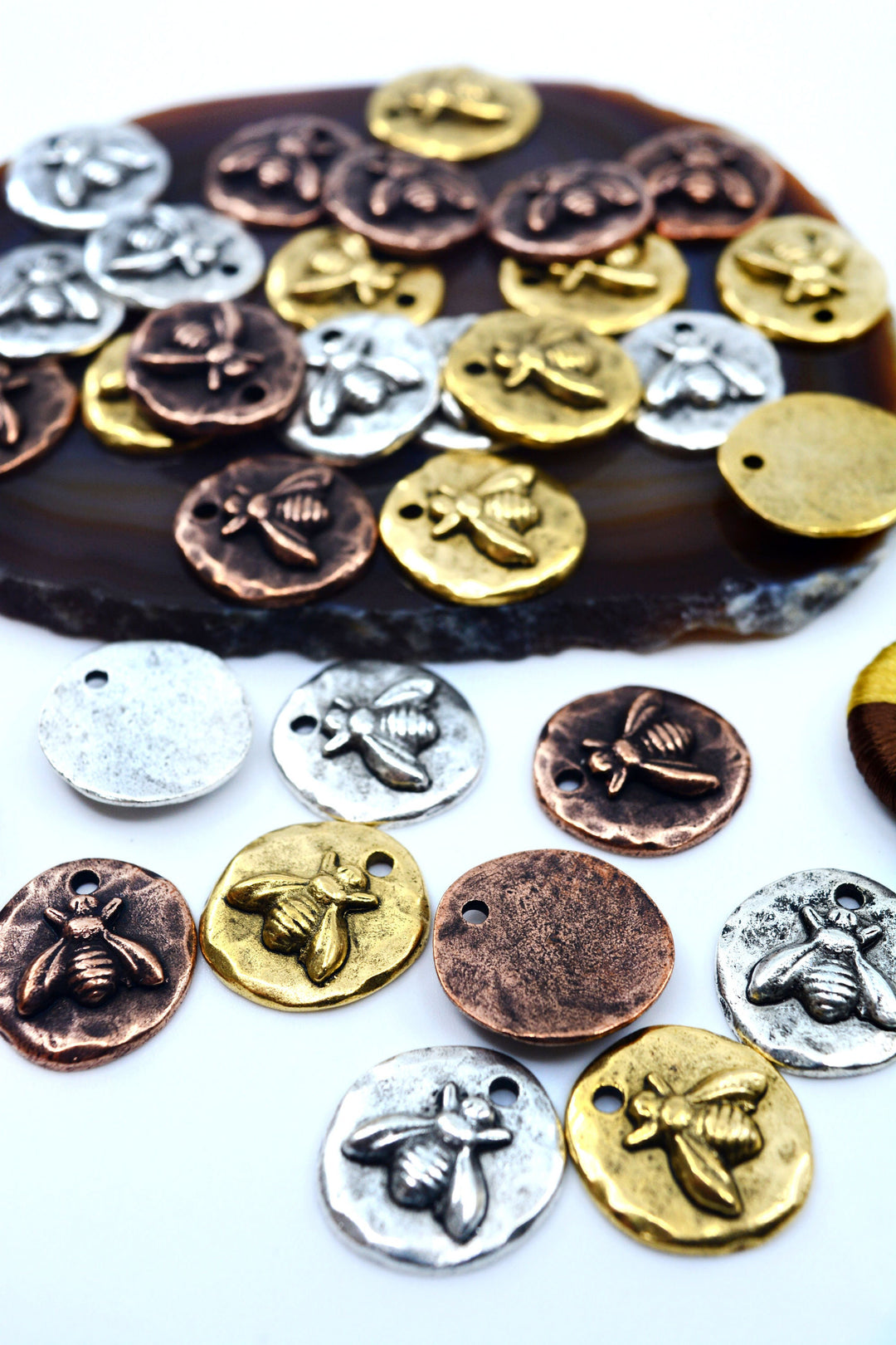 Organic Small Round Bee Charms, 17x19mm, Nature-Inspired Pendants, Bee Medallions (1 pc), Jewelry Making Supplies, HoneyBee Charms