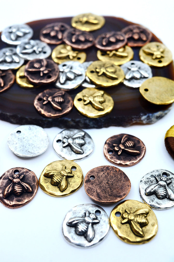Organic Small Round Bee Charms, 17x19mm, Nature-Inspired Pendants, Bee Medallions (1 pc), Jewelry Making Supplies, HoneyBee Charms