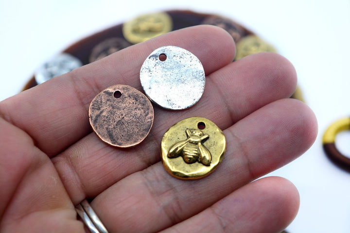 Organic Small Round Bee Charms, 17x19mm, Nature-Inspired Pendants, Bee Medallions (1 pc), Jewelry Making Supplies, HoneyBee Charms