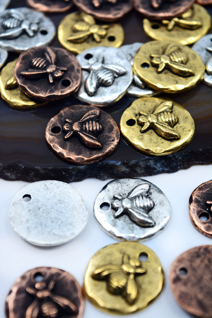 Organic Small Round Bee Charms, 17x19mm, Nature-Inspired Pendants, Bee Medallions (1 pc), Jewelry Making Supplies, HoneyBee Charms