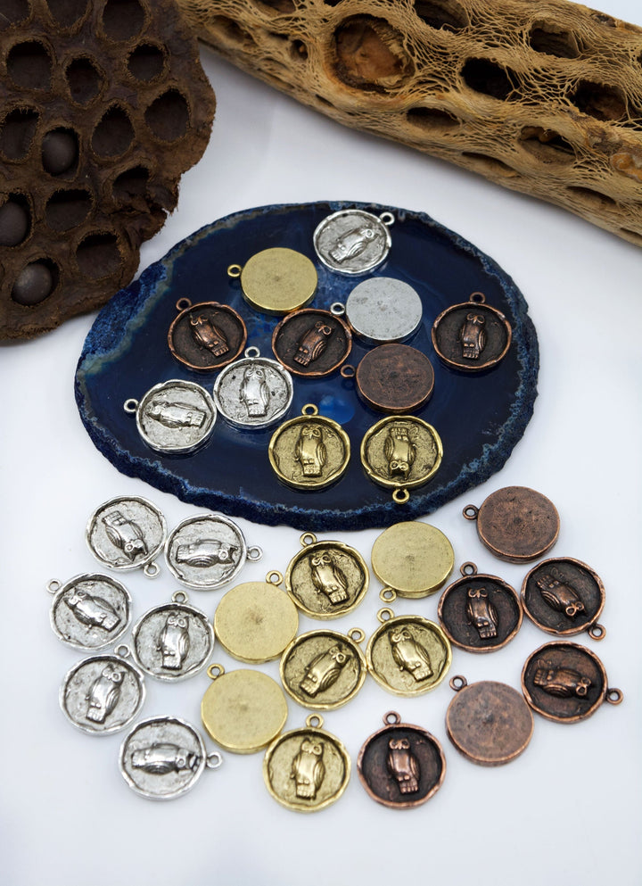 Round Owl Charms, 20x25mm, each / Nunn Design, Nature Inspired Pendants, Bee Charms, Medallions, Jewelry Making Supplies
